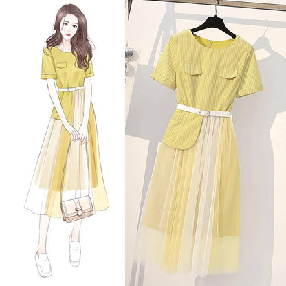 Pofulove Summer Plus Size Dress Female Slim Mesh Stitching Dress with Belt Long Maxi Dress Party
