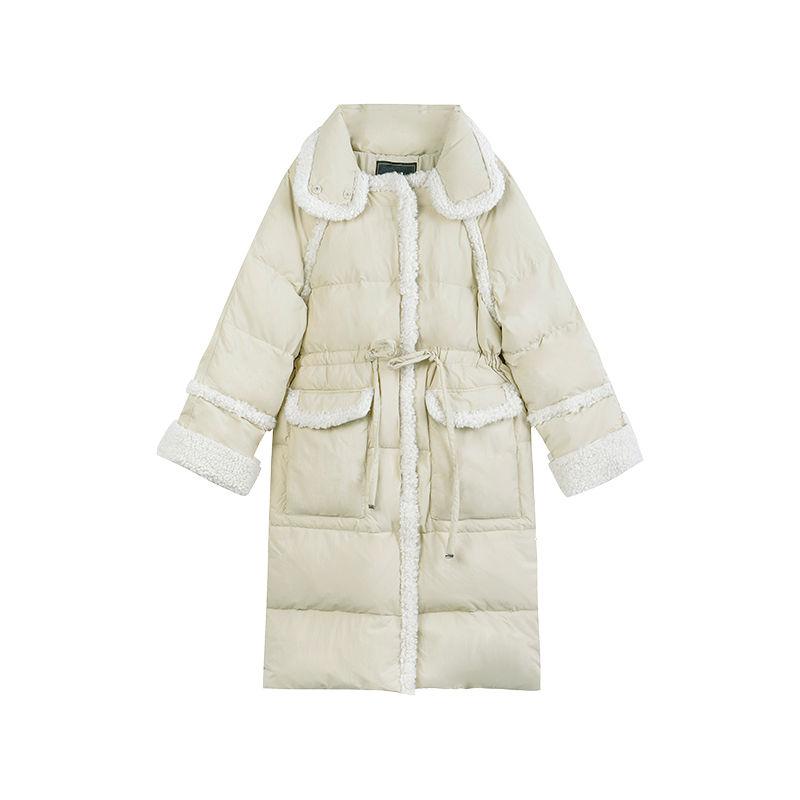 Down Jacket Women Winter Lamb Hair Stitching Mid-length White Duck Down Down Jacket Waist Slimming Winter Warm Thick Coat