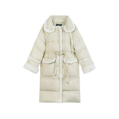 Down Jacket Women Winter Lamb Hair Stitching Mid-length White Duck Down Down Jacket Waist Slimming Winter Warm Thick Coat