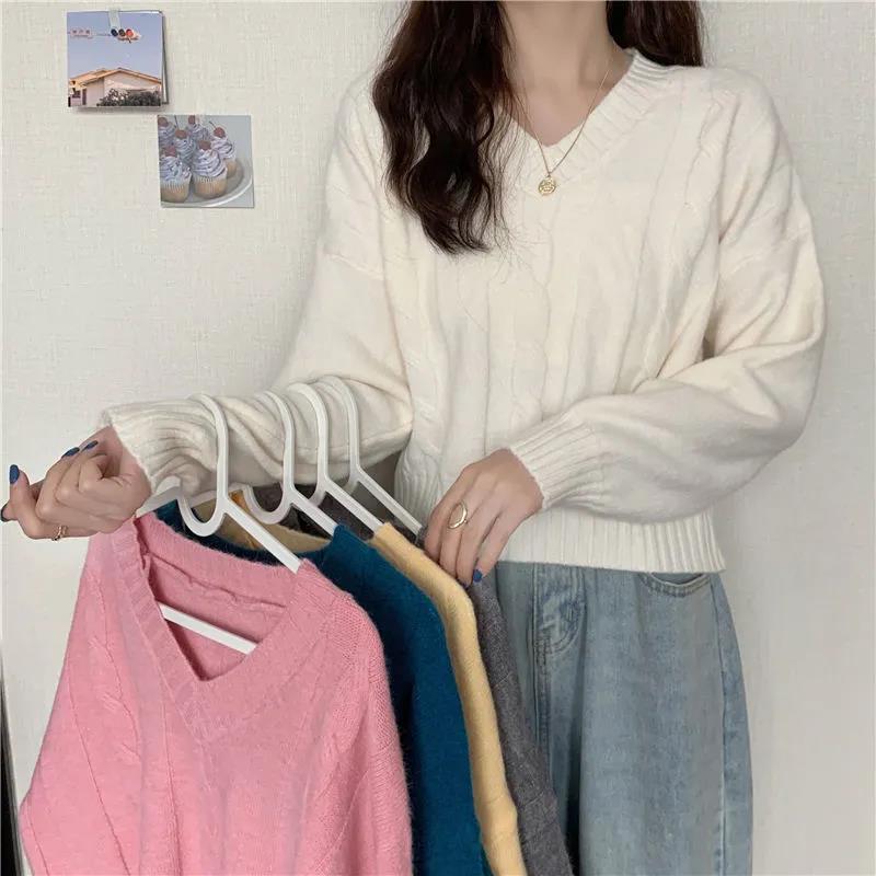 Sweater Women's Outer Wear Autumn and Winter V-neck Pullovers Lazy Inside with A Knitted Bottoming Shirt Top