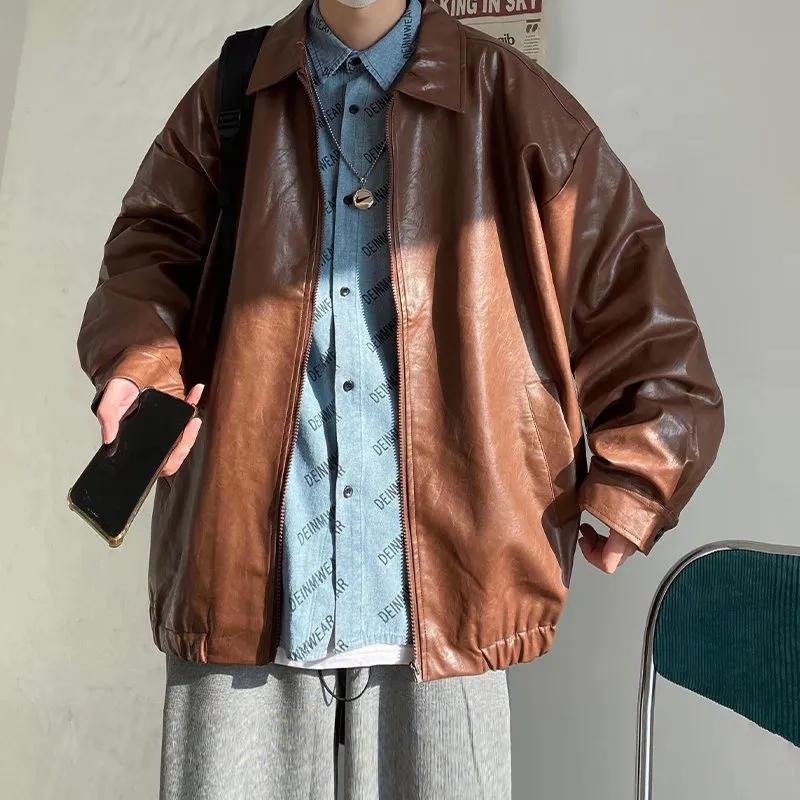 Leather Jacket Men's Hong Kong Style Retro Ruffian Handsome Motorcycle Jacket Spring and Autumn Korean Version Trend Fried Street Loose Clothes