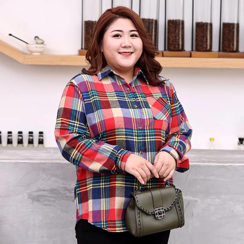 Large Size 150kg Wearable Pink Plaid Shirt Women Loose Brushed Shirt Casual Lapel Long Sleeve blouses