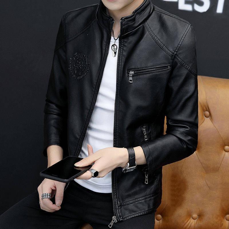 Men's Leather Jackets Slim Stand Collar Zipper Fashion Coat Motorcycle Leather Jacket Mens Coats