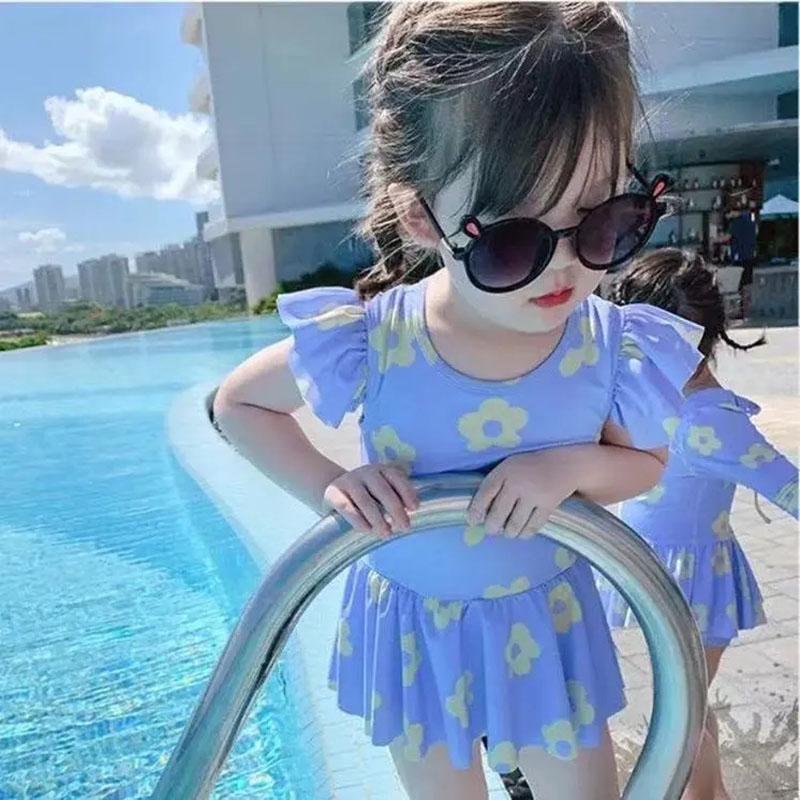 Baby Girls Swimwear Backless Cute Flower Printed One-Piece Swimsuit Summer Kids Lotus Leaf Sleeve Pleated Skirt Beachsuit