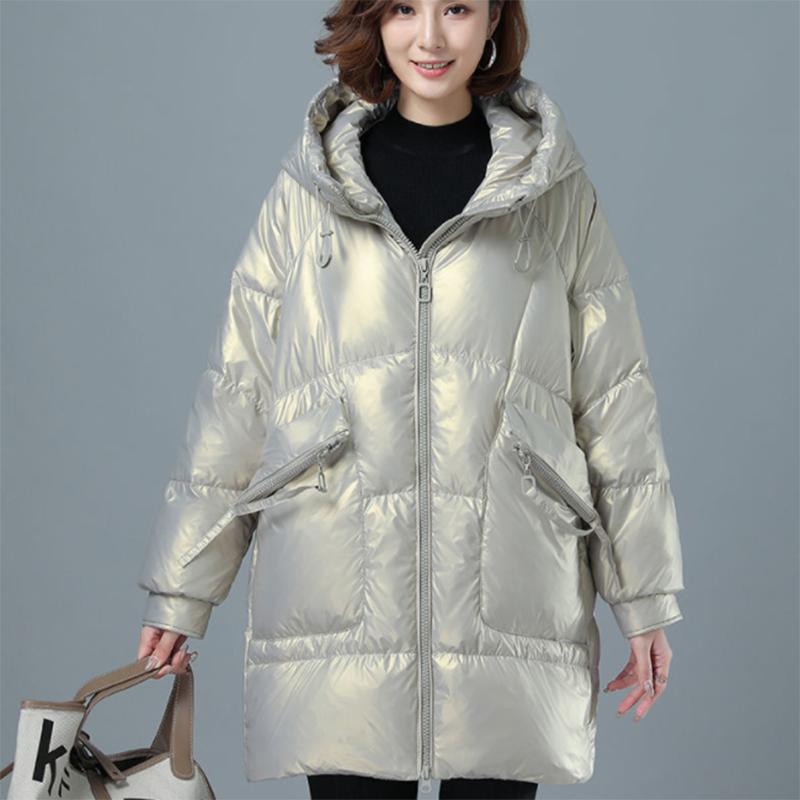 Women's Winter Korean Loose Quilted Coat Warm Stand-collar Down Jacket Women's Glossy Mid-length Down Jacket