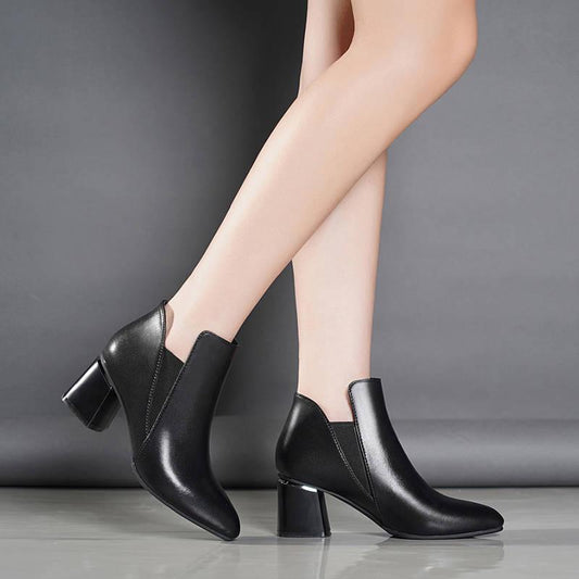 High Heel Leather Ankle Boots Fashion Women Chunky Heeled Short Booties Chelsea Women's Boots