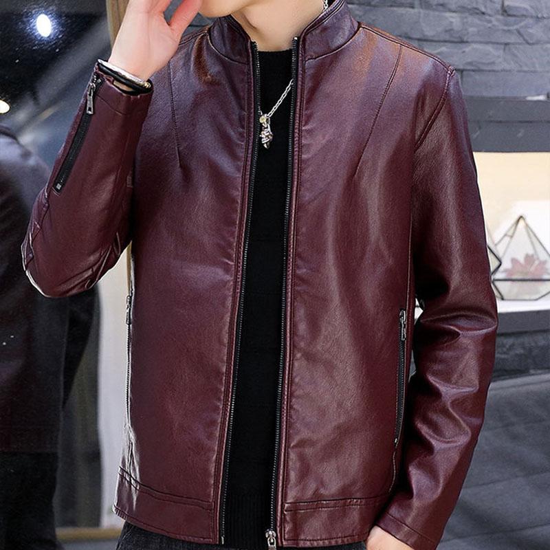 Men's Leather Jacket Trend Handsome Stand-up Collar Motorcycle Clothing Youth Autumn and Winter Plus Velvet Padded Jacket