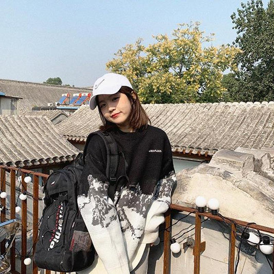 Autumn and Winter Stitching College Style Sweater Loose Outer Wear Casual Jacket Round Neck Pullover Knitted Jacket