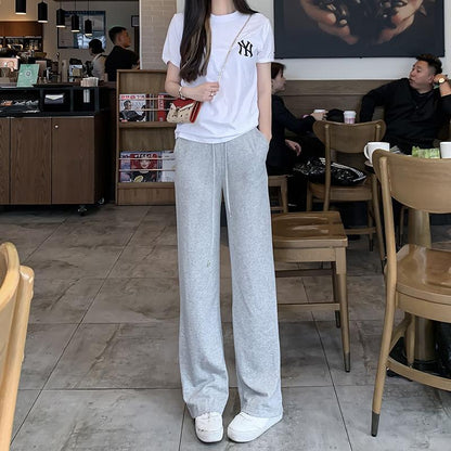 Suit Women's Summer Loose and Thin Casual Round Neck Short-sleeved T-shirt + Trousers Two-piece Loose Wide-leg Pants Fabric Soft Light and Breathable