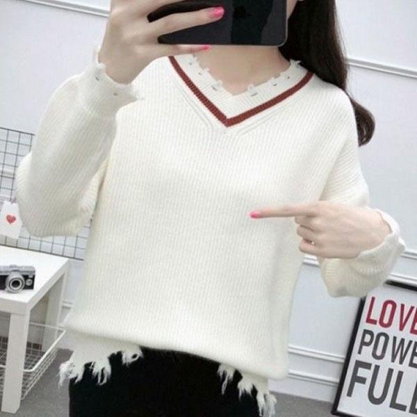 Fringed Loose Knit Women's Spring and Autumn Harajuku Student Bottoming Shirt V-neck Pullover Sweater