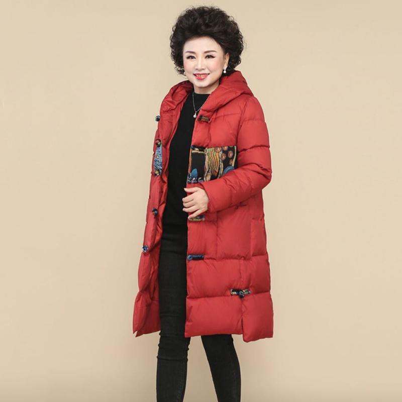 Women's Mid-length Down Jacket Winter Middle-aged and Elderly Korean Loose Cotton Casual Hooded Thick Coat