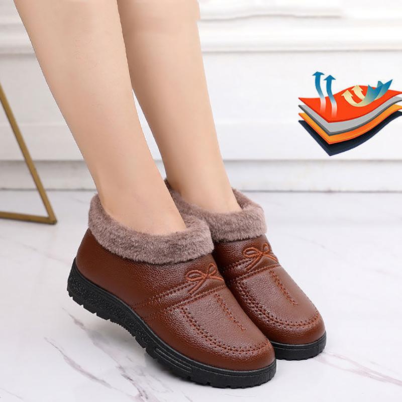 Winter Plus Velvet Warm Cotton Shoes Women's PU Waterproof Non-slip Mother Shoes Comfortable and Lightweight Flat Low-heel Snow Shoes