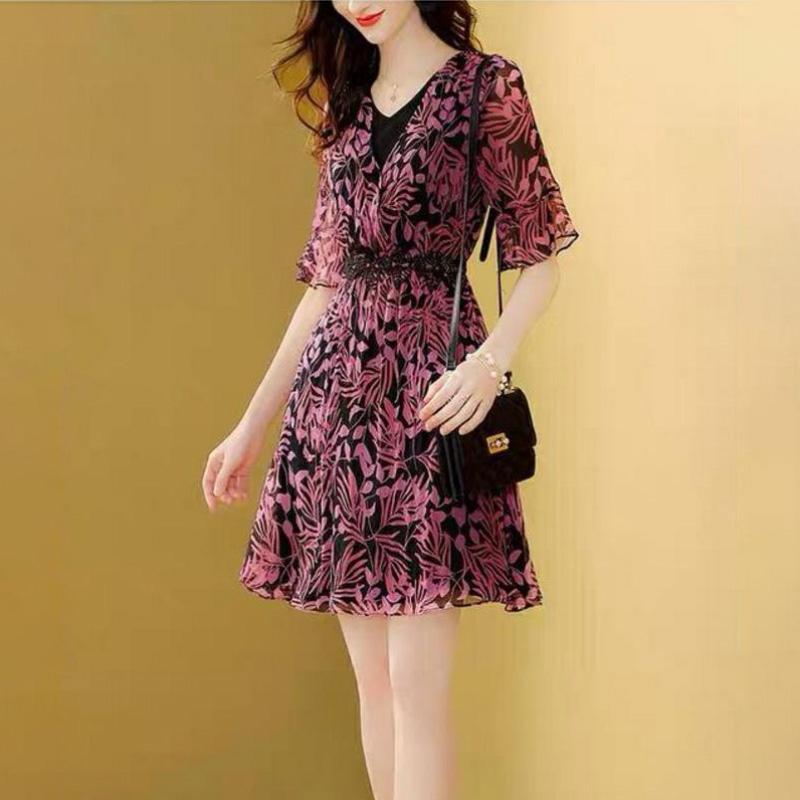 Summer Bohemian V-neck Printing Chiffon Women's Dress Fashion Casual Beach Skirt Boutique Party Dresses