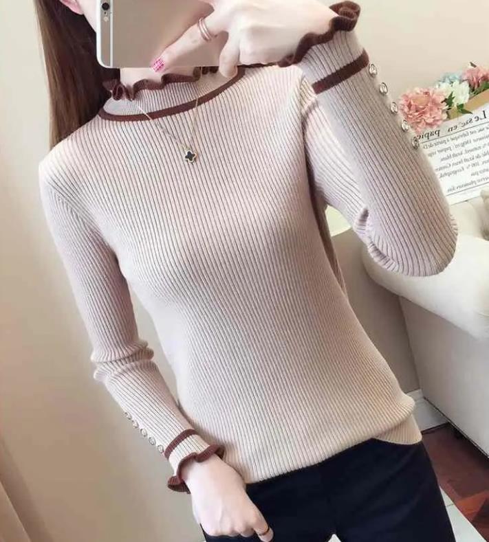 Autumn and Winter Slim-fit Padded Top Ruffled Long-sleeved Sweater All-match Base Sweater