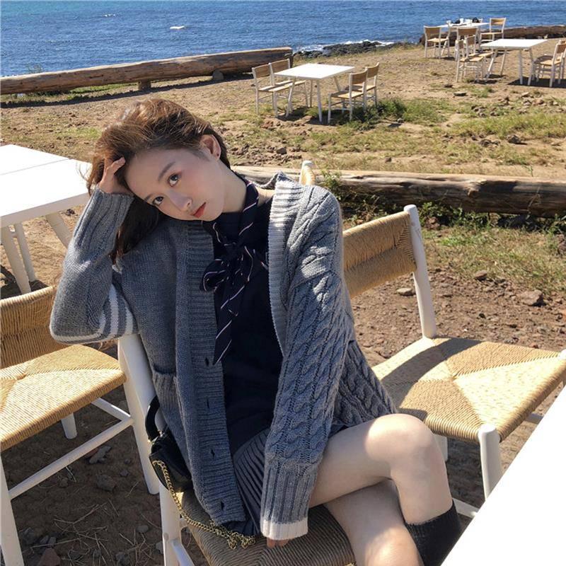 Pofulove Women's Autumn Winter Knit Cardigan Jacket Women Loose Students V-neck Cardigan Sweater