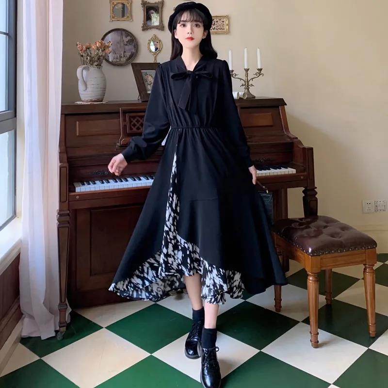 Women Sexy Floral Black Dresses Long Sleeve Dress with Irregular Stitching Spring and Autumn Dress