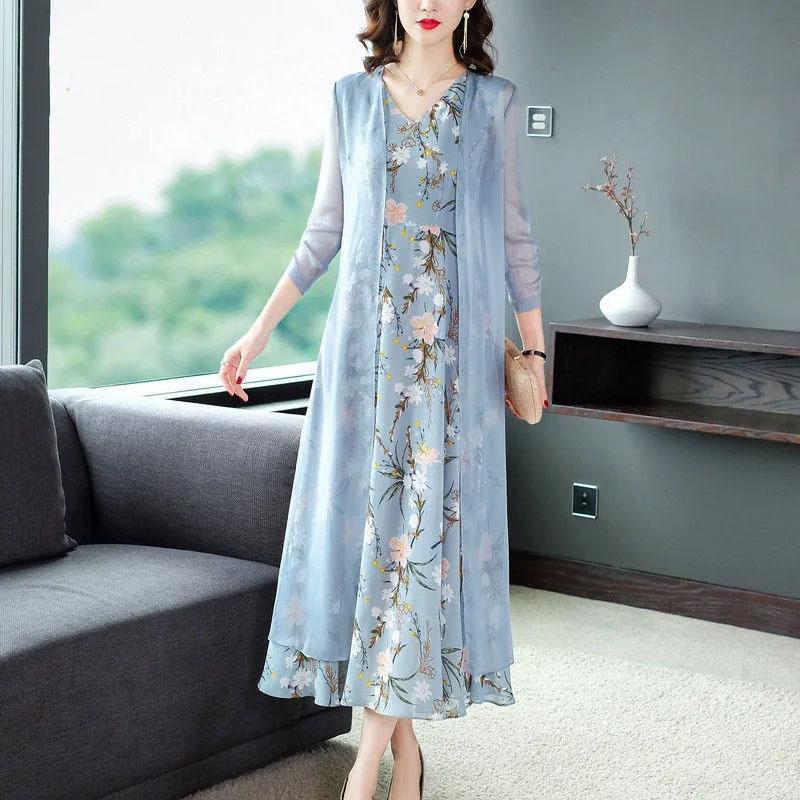 Chiffon Dress Tulle Long Cardigan Two-piece Set Women's Summer Sleeveless Floral Priting Dress+Sunscreen Thin Coat Elegant Anti-UV Sun Dress Suit