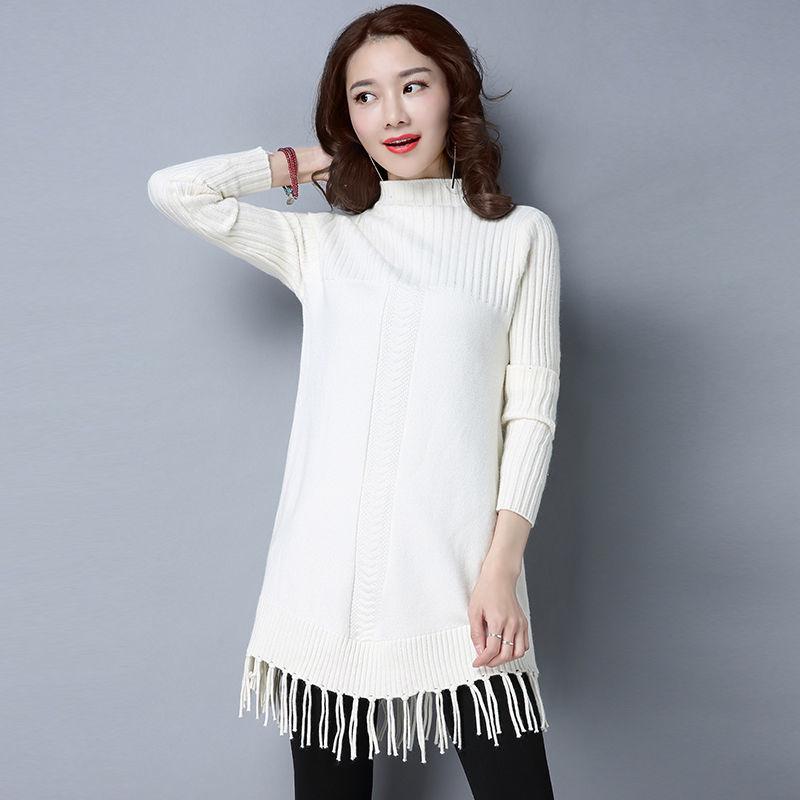 Pofulove Women Long Sweater Dress Long Section Turtleneck Tassel Pullover Base Knitted Blouse