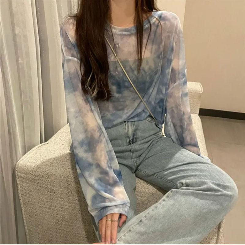 Tie-dye Sunscreen Women's Wear Loose Mesh See-through Thin Long-sleeved T-shirt