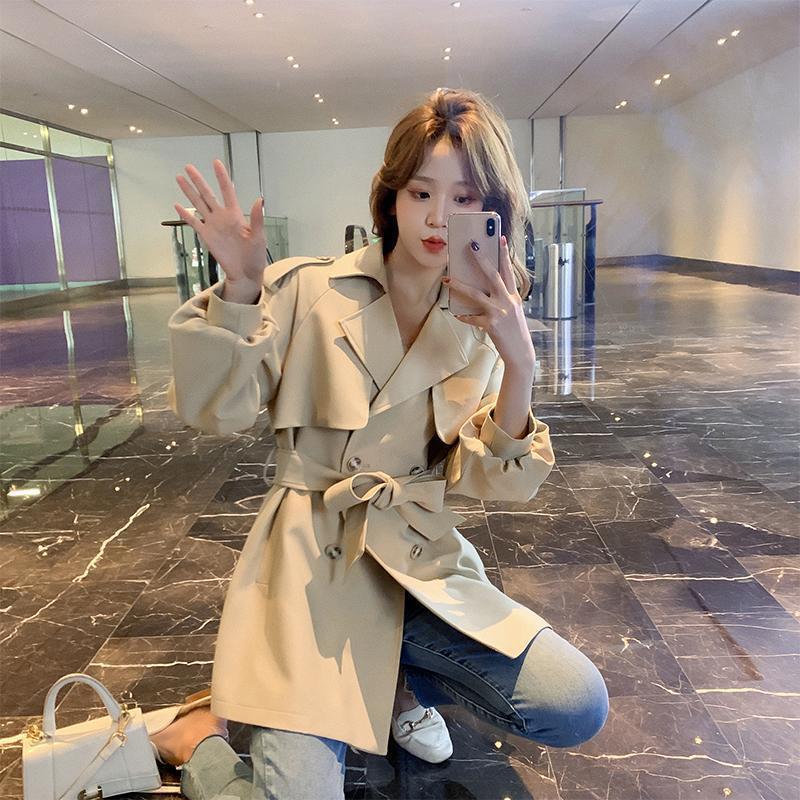 Temperament Jacket British Style Casual Mid-length Windbreaker Women's Suit Collar Loose Bo Jacket Gift Belt Waist Slimming