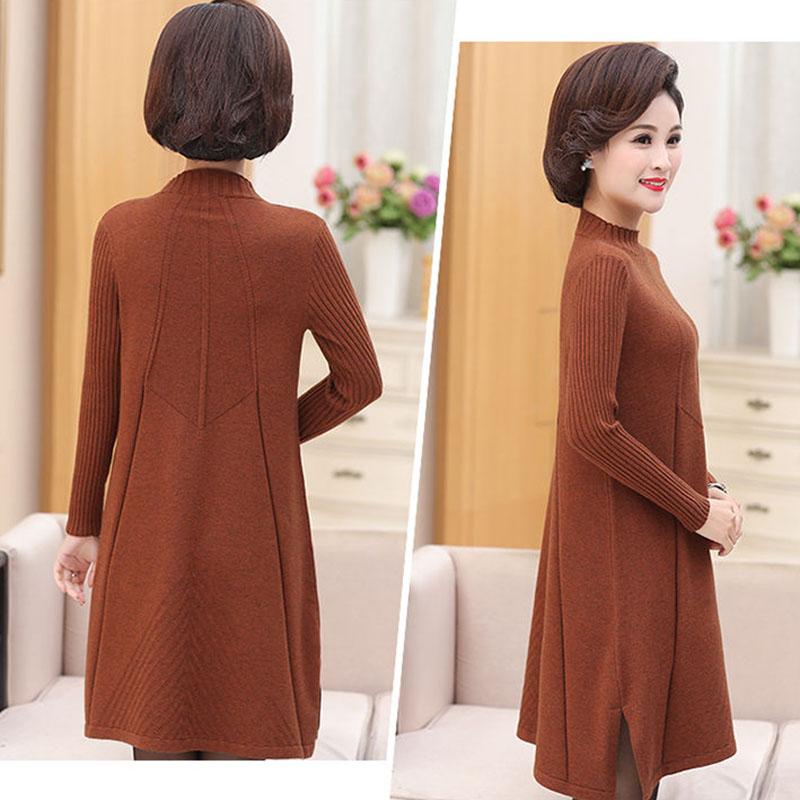 Autumn and Winter Aunt Loose Dress Mid-length Half-high Collar Casual Bottom Skirt Solid Color Middle-aged Women Sweater Skirt