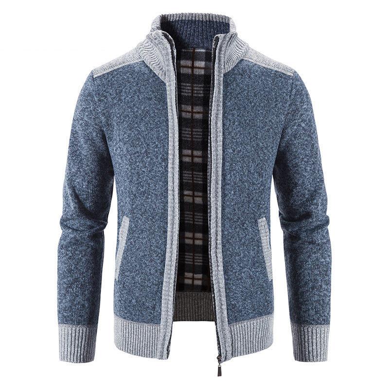 Men's Sweater Stitching Plus Fleece Warm Zipper Sweater Autumn and Winter Coat Loose Cardigan Sweater