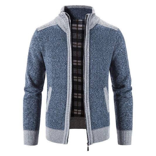 Men's Sweater Stitching Plus Fleece Warm Zipper Sweater Autumn and Winter Coat Loose Cardigan Sweater