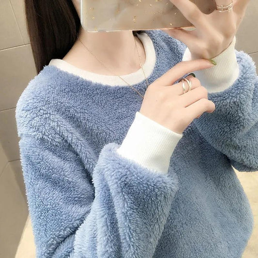 Double-sided Plush Pajamas Top Women's Pullover Plus Velvet Round Neck Bottoming Shirt Loose Autumn Winter Solid Color Home Wear Top