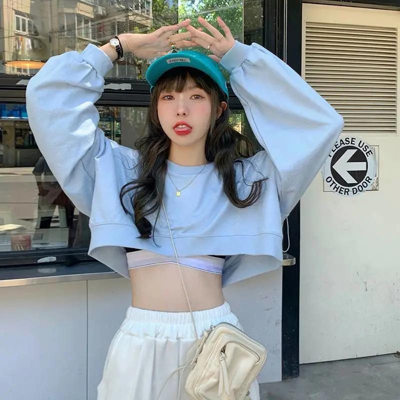 Spring Autumn Hoodies Short Sexy Long Sleeve Pullover Sweatshirt Oversized Loose Casual Tops