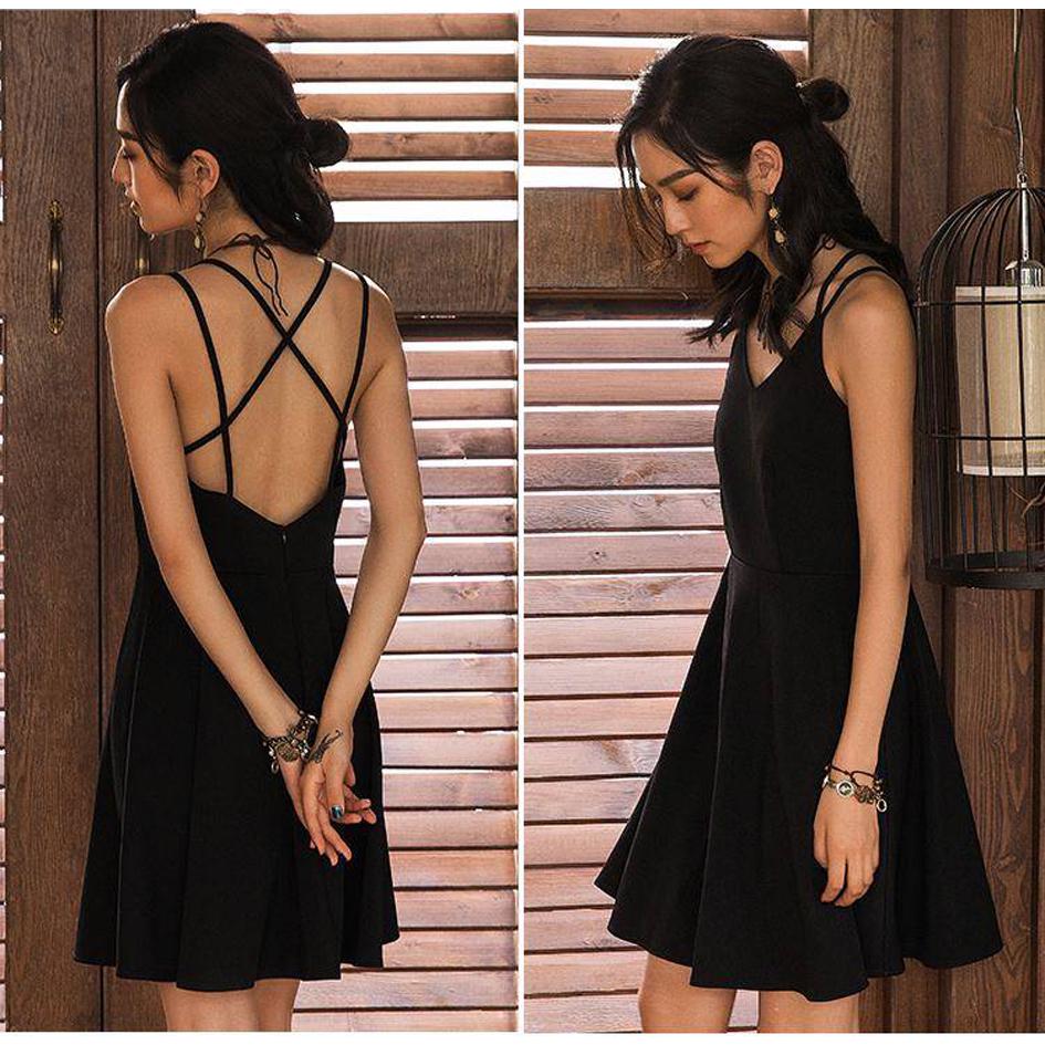 Summer Sexy Black Sling Dress Hepburn Style Black Beach Dress Travel Vacation Sexy Dress Female