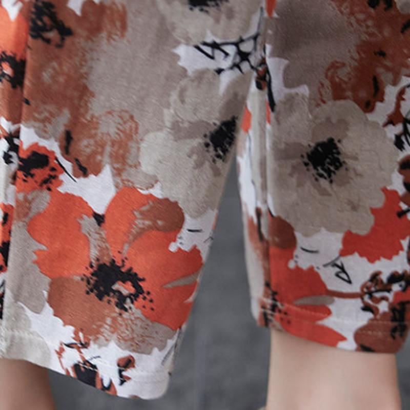 Summer Cotton Retro Print Ethnic Casual Pants Cropped Pants Plus Size All-match Harem Pants Thin Women's Pants