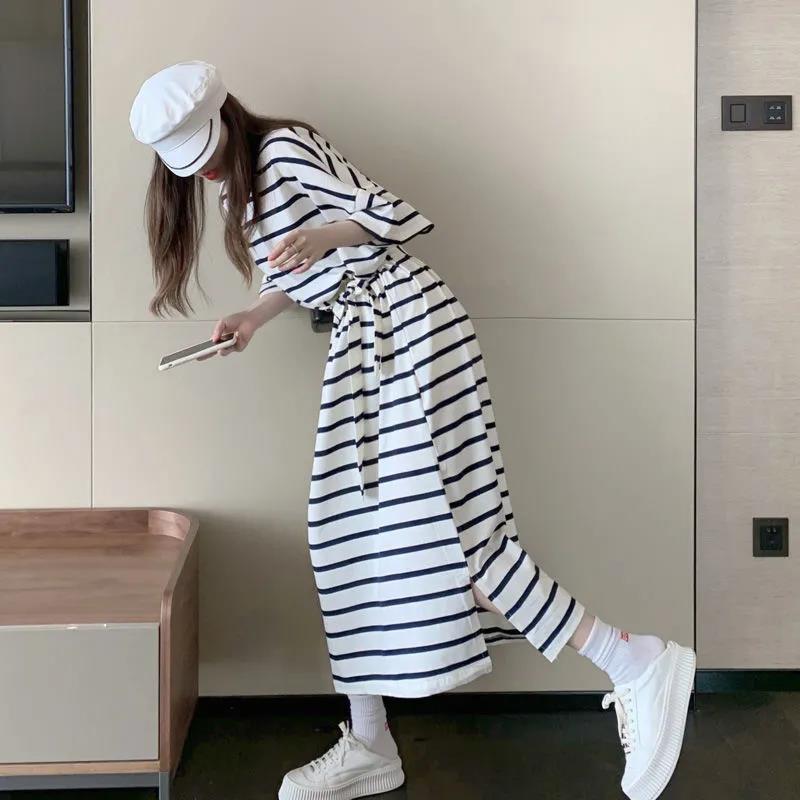 Ladies Long Dress with Belt Stripe Round Neck Slim Base Short Sleeve Loose and Casual Dress