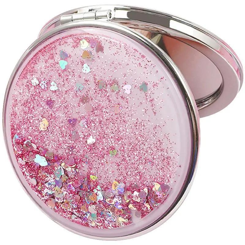 Hand-held Makeup Mirror Mini Vanity Mirror Schoolgirl Woman Flip Foldable Easy To Carry  Quicksand Sequins Small Round Mirror