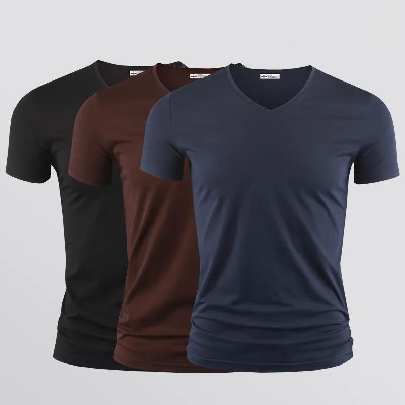 3pcs Modal T-shirt Slim Shirt Solid Color Casual Thin Tees V-Neck Short Sleeve Ice Silk Cool Pullover Men Clothing Summer