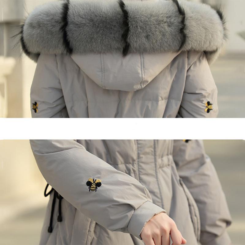 Women's Solid Color Embroidered Down Jacket Mid-length Korean Style Loose Thick Coat Warm Cotton Coat Large Fur Collar Winter Quilted Jacket