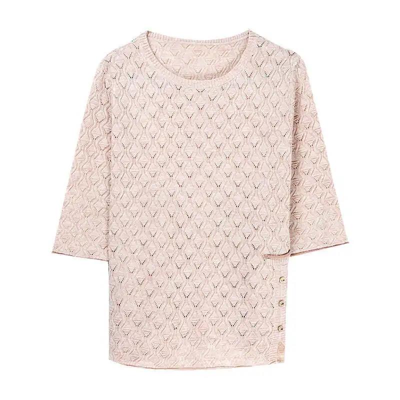 Women Knitted Shirt Solid Color Hollow T-shirt Three-quarter Sleeve Shirt Casual Comfortable Pullover Summer