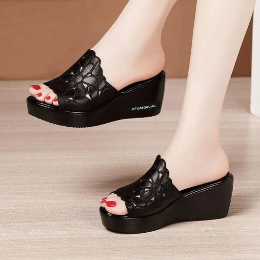 Wedge Heel Slippers Women's Sponge Cake Thick Bottom Fish Mouth Flip Flops Soft Bottom Black Hollowed Out Sandals and Slippers