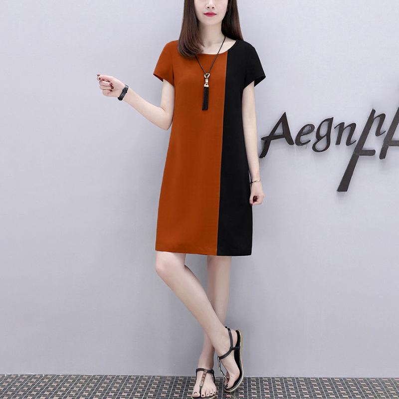 Mid-length Dress Loose and Thin, Covering The Meat Casual Dress Women's Round Neck Short Sleeve Stitching Color Dress Loose and Comfortable