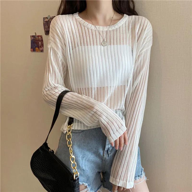 Loose and Thin Long-sleeved Hollow Knitted Sweater Women's All-match Sunscreen Shirt Top Sexy See-through Dress