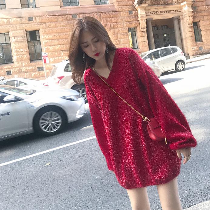Autumn And Winter Mid-length V-neck Sweater Loose Bright Silk Dress Women