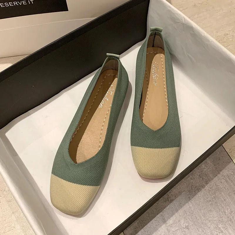 Knitted Flat Shoes Women's Spring Korean All-match Square Toe Peas Shoes Shallow Mouth Maternity Shoes Single Shoes Slip on Breathable Granny Shoes