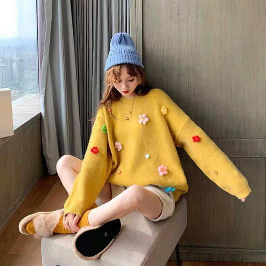Pofulove Fashion Sweater Girl Pullover Autumn and Winter Korean Small Flower Loose Wild Sweater