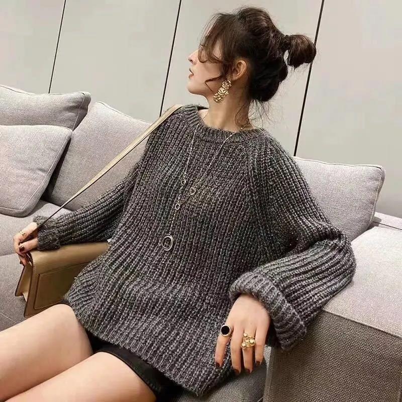 Fashion Loose Crewneck Sweater Bright Silk Knitted Knit Sweater Women's Lazy Wind Long Sleeve Thickened Sweater