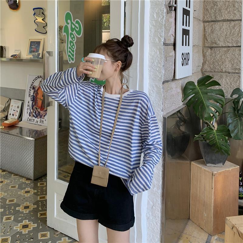 Fall Version of striped Loose Simple Long-sleeved T-shirt Women Simple top Blouse Tee