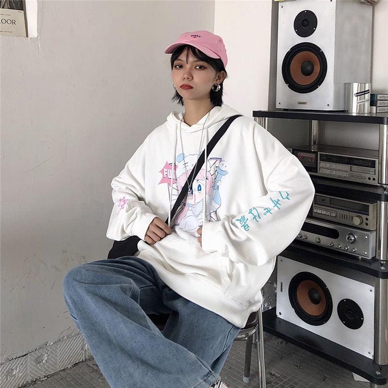 Japan Anime Sweatshirts Women White Hooded Tops Fashion Pullovers Hoodies Fall Winter Thick Fleece Harajuku Hoodies Ladies Casual Clothes Clothes