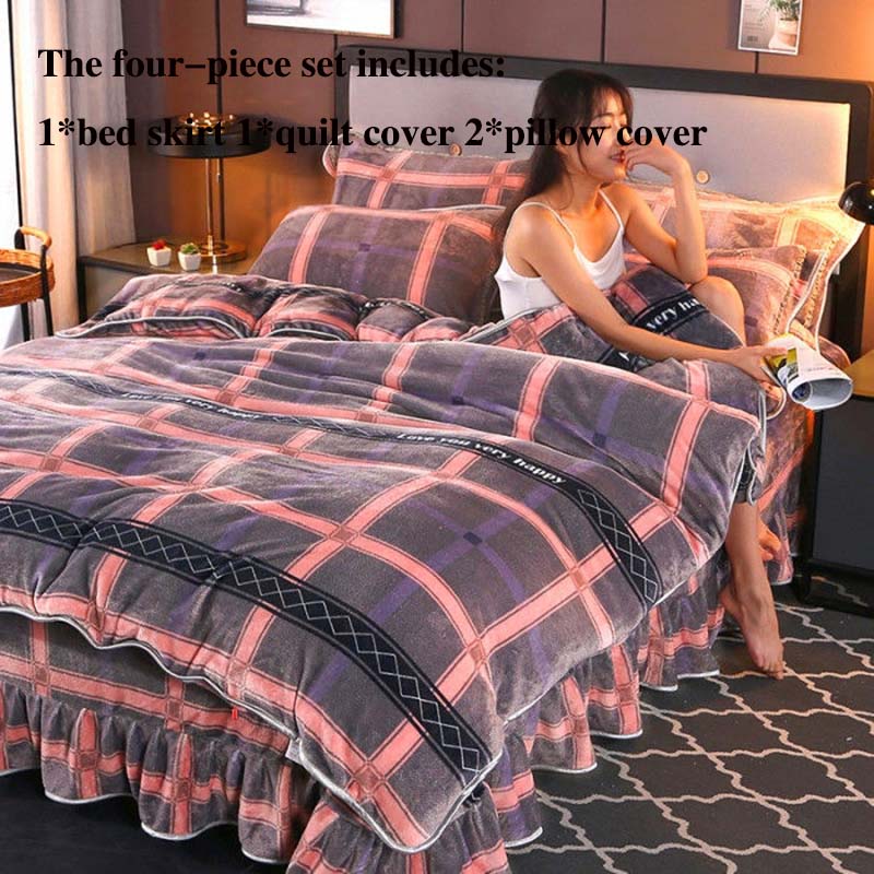 Thickened Four-piece Flannel Warm Gold Mink Fleece Bed Skirt Coral Fleece Suit Winter Double Bed Supplies