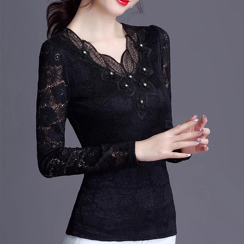 Women's Spring and Autumn Lace Round Neck Bottoming Shirt  Long Sleeve Low Neck Top