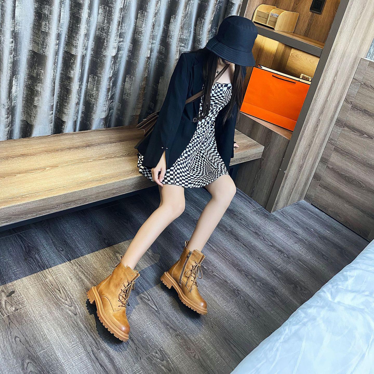 Women Boots Genuine Leather Ankle Booties Spring Fall Shoes Black Brown Platform Boots Goth Punk Shoes Flat Boots