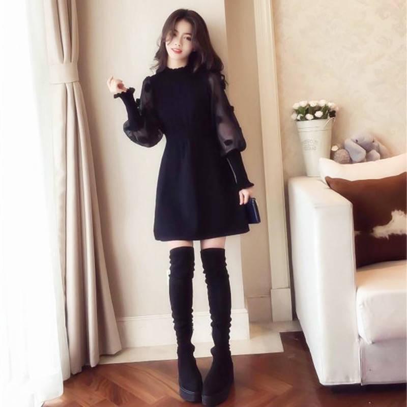 Pofulove Dress Fairy skirt in long Waist was thin outside wear Women's Wild winter Long Sleeve