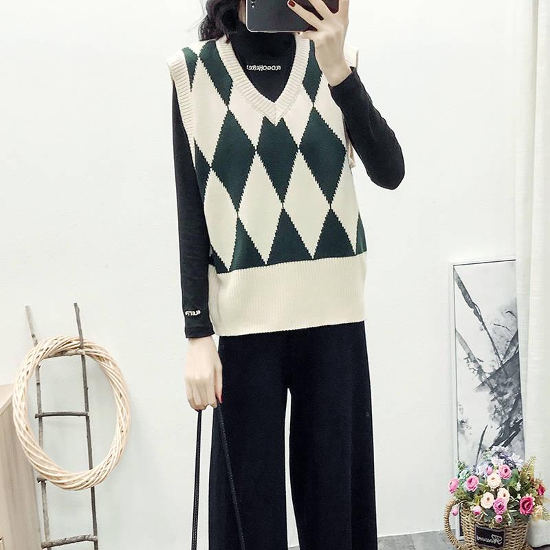 Diamond Check V-Neck Knitted Vest Women's Sweater Autumn and Winter Korean Loose Wild Sweater Vest Sleeveless Sweater